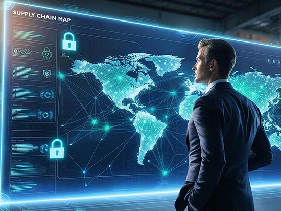 Executive reviewing global supply chain security map highlighting digital risks and third-party connections in a privatized enterprise environment.